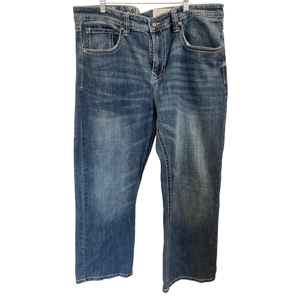 TK Axel Mens Slim Bootcut Jeans Medium Wash Blue Denim 38x30 Embroidered Pockets